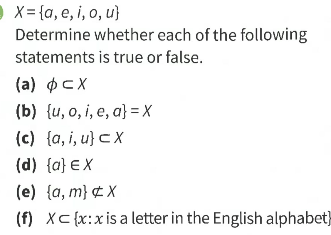 X= a,e,i,o,u
Determine whether each of the following 
statements is true or false. 
(a) phi ⊂ X
(b)  u,o,i,e,a =X
(c)  a,i,u ⊂ X
(d)  a ∈ X
(e)  a,m not ⊂ X
(f) X⊂  x:x is a letter in the English alphabet)