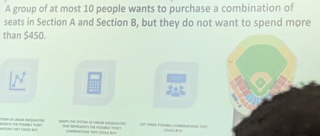 A group of at most 10 people wants to purchase a combination of 
seats in Section A and Section B, but they do not want to spend more 
than $450. 
YSTEM OF LINEAR INEQUALITIES GRAPH THE SYSTEM OF LINEAR INEQUALITIES LIST THREE POSSIBLE COMBINATIONS THEY 
RESENTS THE POSSIBLE TICKET TH REPRESENTS THE POSSIBLE TICKET COULD BUY. 
NAYIONS THEY COULD BUY. COMBINATIONS THEY COULD BUY.