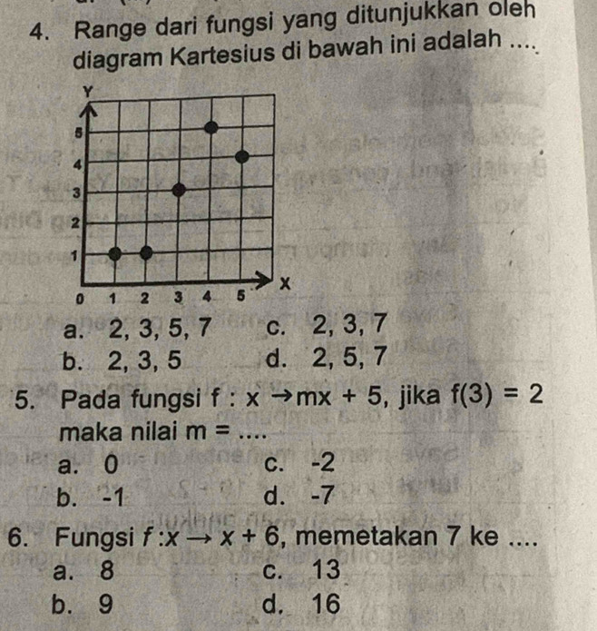 Range dari fungsi yang ditunjukkan oleh
diagram Kartesius di bawah ini adalah ....
a. 2, 3, 5, 7 c. 2, 3, 7
b. 2, 3, 5 d. 2, 5, 7
5. Pada fungsi f:xto mx+5 , jika f(3)=2
maka nilai m=... _
a. 0 c. -2
b. -1 d. -7
6. Fungsi f:xto x+6 , memetakan 7 ke ....
a. 8 c. 13
bù 9 d. 16