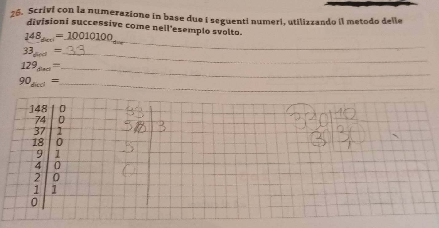 Scrivi con la numerazione in base due i seguenti numeri, utilizzando il metodo delle 
divisioni successive come nell’esempio svolto. 
_
148_died=_ 10010100_due
33_dieci= _ 
_
129_dieci= _ 
_ 90_dieci=
148 0
74 0
37 1
18 0
9 1
4 0
2 0
1 1
0