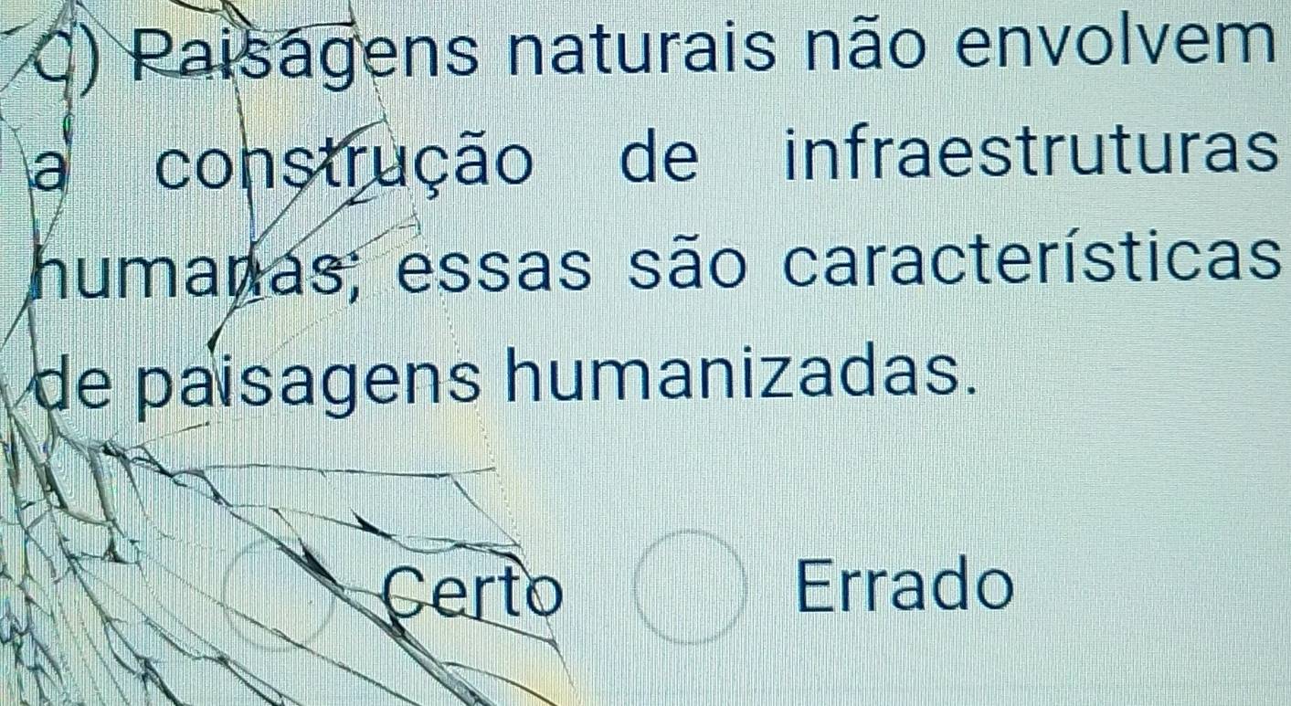 Paisagens naturais não envolvem
a construção de infraestruturas
humanas; essas são características
de paisagens humanizadas.
Certo Errado