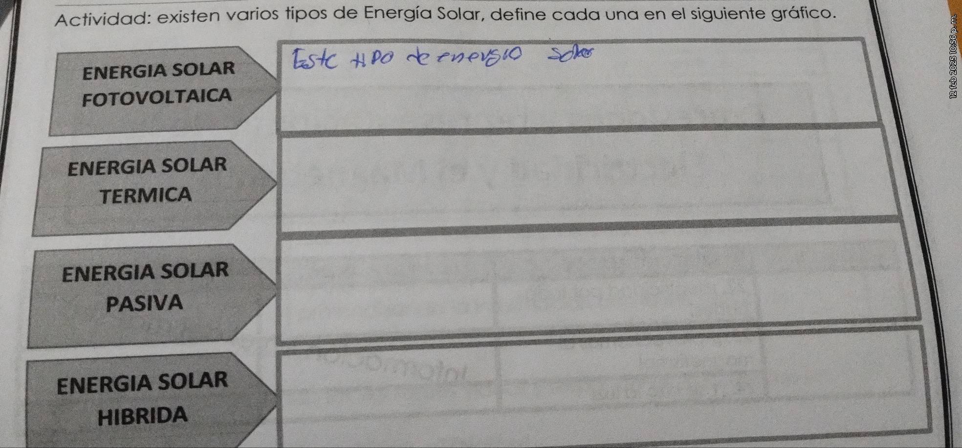 Actividad: existen varios tipos de Energía Solar, define cada una en el siguiente gráfico.