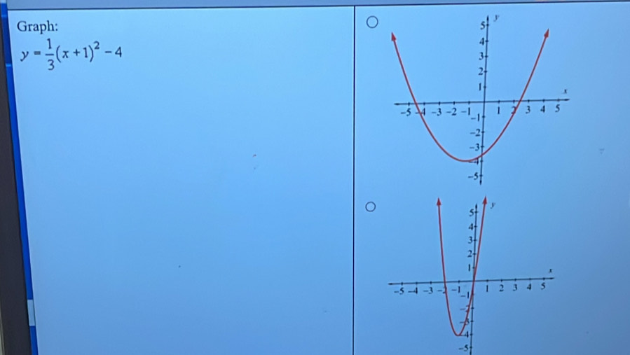 Graph:
y= 1/3 (x+1)^2-4
-5