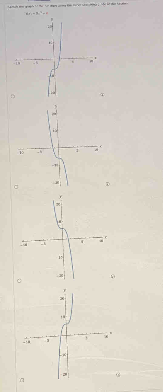 Sketc' the graph of the function using the curve-sketching guide of this section.
f(x)=2x^3+f
⑦