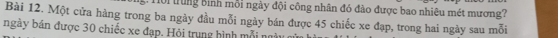 T0i trung bình mỗi ngày đội công nhân đó đào được bao nhiêu mét mương? 
Bài 12. Một cửa hàng trong ba ngày đầu mỗi ngày bán được 45 chiếc xe đạp, trong hai ngày sau mỗi 
ngày bán được 30 chiếc xe đạp. Hỏi trung hình mỗi ngày