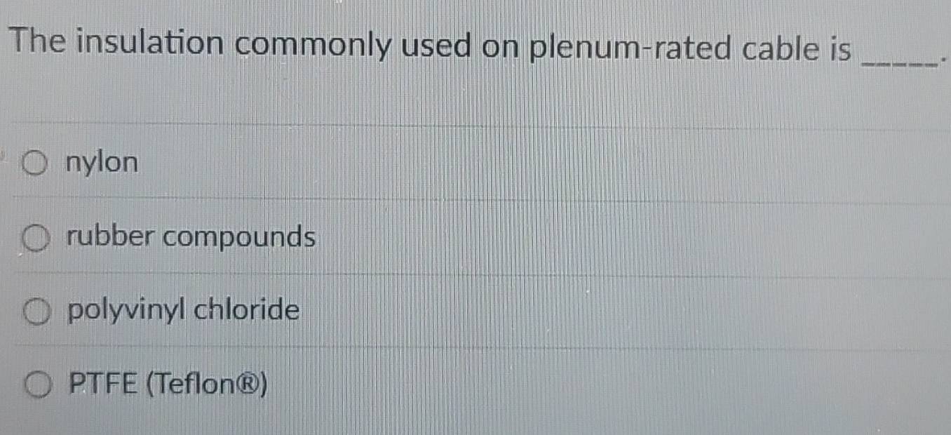 Solved: The insulation commonly used on plenum-rated cable is_ . nylon ...