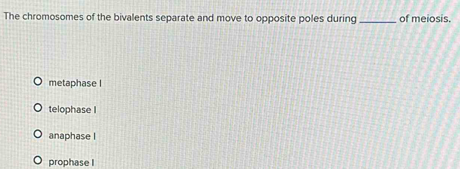 The chromosomes of the bivalents separate and move to opposite poles during _of meiosis.
metaphase I
telophase I
anaphase I
prophase I