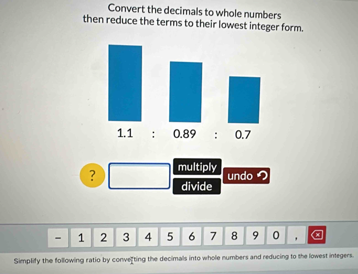 Convert the decimals to whole numbers 
then reduce the terms to their lowest integer form. 
multiply 
? undo つ 
divide
- 1 2 3 4 5 6 7 8 9 0 ， 
Simplify the following ratio by converting the decimals into whole numbers and reducing to the lowest integers.