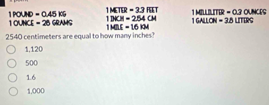 1POUND=0.45KG
1METER=3.3FEET 1MILITER=0.3OUNCES
1 OUNCE = 28 GRAN 10 1INCH=254CM 1 GA LON =3.8LITERS
1MILE=1.6KM
2540 centimeters are equal to how many inches?
1,120
500
1.6
1,000