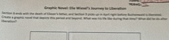 Graphic Novel: Ellie Wiesel's Journey to Lberatom 
Section 8 ends with the death of Ellezer's father, and Sectiun 9 pruko up in Agrf nght beltore Butthernwald s ldenatost 
Create a graphic novel that depicts this pered and beyond. What was his life like during that time? What did he do after 
liberation?