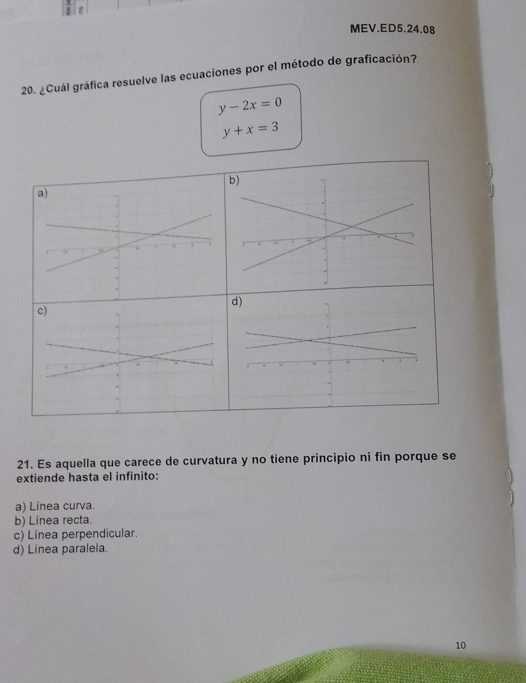 MEV.ED5.24.08
20. ¿Cuál gráfica resuelve las ecuaciones por el método de graficación?
y-2x=0
y+x=3
21. Es aquella que carece de curvatura y no tiene principio ni fin porque se
extiende hasta el infinito:
a) Línea curva.
b) Línea recta.
c) Línea perpendicular.
d) Línea paralela.
10