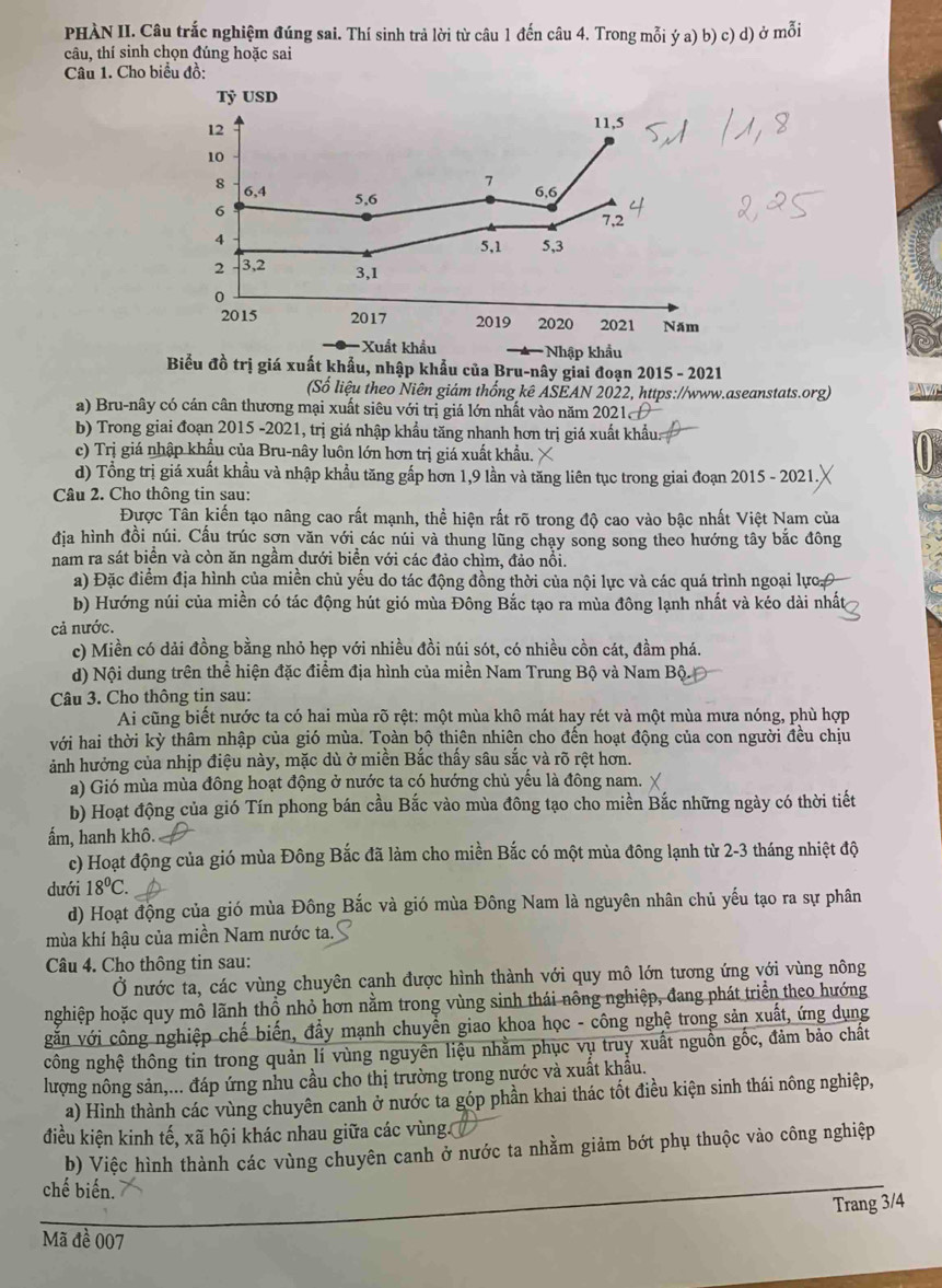 PHÀN II. Câu trắc nghiệm đúng sai. Thí sinh trả lời từ câu 1 đến câu 4. Trong mỗi ý a) b) c) d) ở mỗi
câu, thí sinh chọn đúng hoặc sai
Câu 1. Cho biểu đồ:
Tỷ USD
12
11,5
10
7
8 6,4 6,6
5,6
6 7,2
4
2 3,2 5,1 5,3
3,1
0
2015 2017 2019 2020 2021 Năm
Xut khẩu Nhập khẩu
Biểu đồ trị giá xuất khẩu, nhập khẩu của Bru-nây giai đoạn 2015 - 2021
(Số liệu theo Niên giám thống kê ASEAN 2022, https://www.aseanstats.org)
a) Bru-nây có cán cân thương mại xuất siêu với trị giá lớn nhất vào năm 2021
b) Trong giai đoạn 2015 -2021, trị giá nhập khẩu tăng nhanh hơn trị giá xuất khẩu
c) Trị giá nhập khẩu của Bru-nây luôn lớn hơn trị giá xuất khẩu.
a
d) Tổng trị giá xuất khầu và nhập khẩu tăng gấp hơn 1,9 lần và tăng liên tục trong giai đoạn 2015 - 2021.
Câu 2. Cho thông tin sau:
Được Tân kiến tạo nâng cao rất mạnh, thể hiện rất rõ trong độ cao vào bậc nhất Việt Nam của
địa hình đồi núi. Cấu trúc sợn văn với các núi và thung lũng chạy song song theo hướng tây bắc đông
nam ra sát biển và còn ăn ngầm dưới biển với các đảo chìm, đảo nổi.
a) Đặc điểm địa hình của miền chủ yếu do tác động đồng thời của nội lực và các quá trình ngoại lực 
b) Hướng núi của miền có tác động hút gió mùa Đông Bắc tạo ra mùa đông lạnh nhất và kéo dài nhất
cả nước.
c) Miền có dải đồng bằng nhỏ hẹp với nhiều đồi núi sót, có nhiều cồn cát, đầm phá.
d) Nội dung trên thể hiện đặc điểm địa hình của miền Nam Trung Bộ và Nam Bộ
Câu 3. Cho thông tin sau:
Ai cũng biết nước ta có hai mùa rõ rệt: một mùa khô mát hay rét và một mùa mưa nóng, phù hợp
với hai thời kỳ thâm nhập của gió mùa. Toàn bộ thiên nhiên cho đến hoạt động của con người đều chịu
ảnh hưởng của nhịp điệu này, mặc dù ở miền Bắc thấy sâu sắc và rõ rệt hơn.
a) Gió mùa mùa đông hoạt động ở nước ta có hướng chủ yếu là đông nam.
b) Hoạt động của gió Tín phong bán cầu Bắc vào mùa đông tạo cho miền Bắc những ngày có thời tiết
ẩm, hanh khô.
c) Hoạt động của gió mùa Đông Bắc đã làm cho miền Bắc có một mùa đông lạnh từ 2-3 tháng nhiệt độ
dưới 18^0C.
d) Hoạt động của gió mùa Đông Bắc và gió mùa Đông Nam là nguyên nhân chủ yếu tạo ra sự phân
mùa khí hậu của miền Nam nước ta.
Câu 4. Cho thông tin sau:
Ở nước ta, các vùng chuyên canh được hình thành với quy mô lớn tương ứng với vùng nông
nghiệp hoặc quy mô lãnh thổ nhỏ hơn nằm trong vùng sinh thái nông nghiệp, đang phát triển theo hướng
găn với công nghiệp chế biến, đẩy mạnh chuyển giao khoa học - công nghệ trong sản xuất, ứng dụng
công nghệ thông tin trong quản lí vùng nguyên liệu nhằm phục vụ truy xuất nguồn gốc, đảm bảo chất
lượng nông sản,... đáp ứng nhu cầu cho thị trường trong nước và xuất khẩu.
a) Hình thành các vùng chuyên canh ở nước ta góp phần khai thác tốt điều kiện sinh thái nông nghiệp,
điều kiện kinh tế, xã hội khác nhau giữa các vùng
b) Việc hình thành các vùng chuyên canh ở nước ta nhằm giảm bớt phụ thuộc vào công nghiệp
chế biến.
Trang 3/4
Mã đề 007