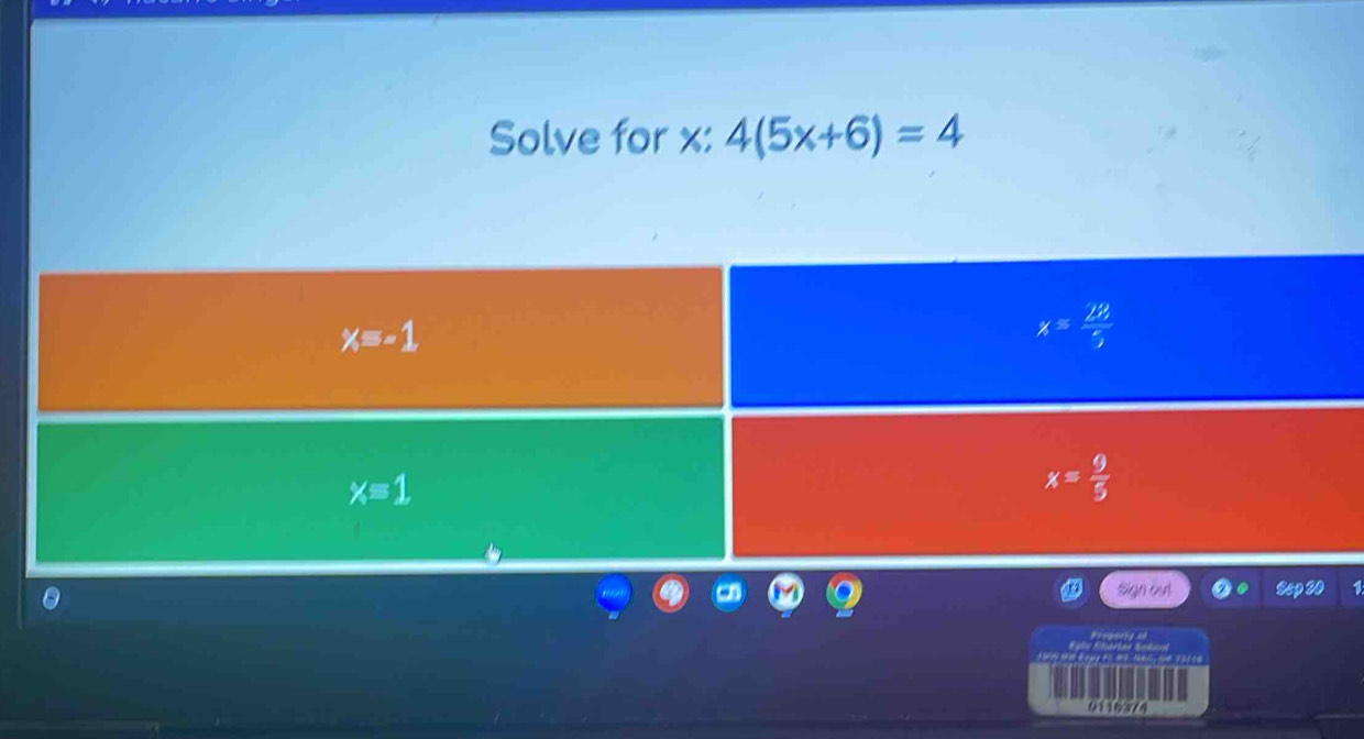 Solve for x: 4(5x+6)=4
Sign out Sp 20