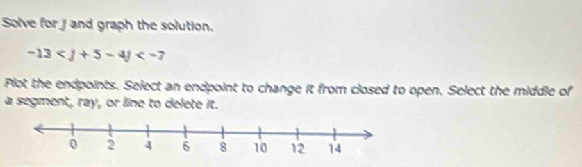 Solve for / and graph the solution.
-13
Plot the endpoints. Select an endpoint to change it from closed to open. Select the middle of 
a segment, ray, or line to delete it.