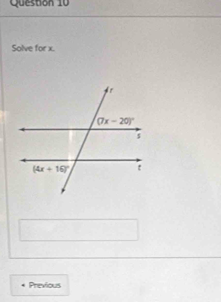 Solve for x.
Previous