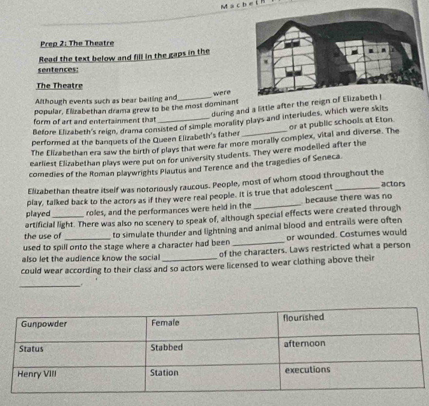 Macbel B 
Prep 2: The Theatre 
Read the text below and fill in the gaps in the 
sentences: 
The Theatre 
Although events such as bear baiting and_ were 
during and a little after the rei 
popular, Elizabethan drama grew to be the most dominant 
form of art and entertainment that 
Before Elizabeth's reign, drama consisted of simple morality plays and interludes, which were skits 
performed at the banquets of the Queen Elizabeth's father or at public schools at Eton 
The Elizabethan era saw the birth of plays that were far more morally complex, vital and diverse. The 
earliest Elizabethan plays were put on for university students. They were modelled after the 
comedies of the Roman playwrights Plautus and Terence and the tragedies of Seneca. 
Elizabethan theatre itself was notoriously raucous. People, most of whom stood throughout the 
play, talked back to the actors as if they were real people. It is true that adolescent_ actors 
played_ roles, and the performances were held in the _ because there was no 
artificial light. There was also no scenery to speak of, although special effects were created through 
the use of 
to simulate thunder and lightning and animal blood and entrails were often 
used to spill onto the stage where a character had been _or wounded. Costumes would 
also let the audience know the social of the characters. Laws restricted what a person 
could wear according to their class and so actors were licensed to wear clothing above their 
_.