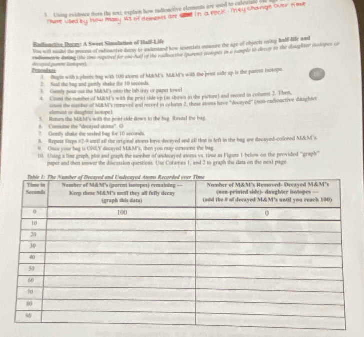 Csing evidence from the text, exptain how radionctive elements are used to calcularc ts 
There used by how many its of dements ae ld in a reck . They change Over time 
Rnduactive Decay: A Sweet Simolation of Half-Life 
Vou witl nosdel the process of endinactive decay to understand how scientists measure the age of objects usity haff-life and 
rodlismetrie dating (the one required for one-half of the rudloactive (parent) Botopes in a sumple to dreay to the daughter (solopes or 
décuped furent Seopuy) 
Donseders 
7 Bugin with a plastic bag with 100 anus of M&M's. M&M's with the print side up is the parent (sotope 
D 
2. Seal the hag and gently shake for 10 seconds. 
5. Gently pour out the M&M's onto the lab trty or paper towel 
4. Clant the number of MAM's with the print side up (as shown in the picture) and record in colums 2. Then, 
im the munder of M&M's removed and record in column 2, these atoms have "decayed" (mos-radioactive daughter 
element or daughter isotope) 
5. Retur the MMM's with the print side down to the bag. Reseal the bag 
8. Canie the 'decayed anims'. O 
? Gently shake the sealed bag for 10 seconds. 
8. Repeat Stups #2-9 until all the uriginal atoms have decayed and all that is left in the bag are decayed-colored M&M"s. 
9. Once your bag is ONLY decayed M&M's, then you may consume the bag. 
10. Using a line graph, plut and graph the number of undecayed atoms vs. time as Figure 1 below on the provided ''graph'' 
paper and then answer the discussion questions. Use Columns 1, and 2 to graph the data on the next page