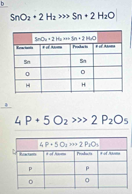 SnO_2+2H_2>>Sn+2H_2O
a
4P+5O_2>>2P_2O_5