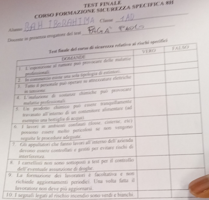 TEST FINALE 
CORSO FORMAZIONE SICUREZZA SPECÍFICA SH 
Classe 
Alummo 
_ 
presenza erogatore del test 
_ 
10. 1 segnali legati al rischío incendio sono verdi e bianchi.