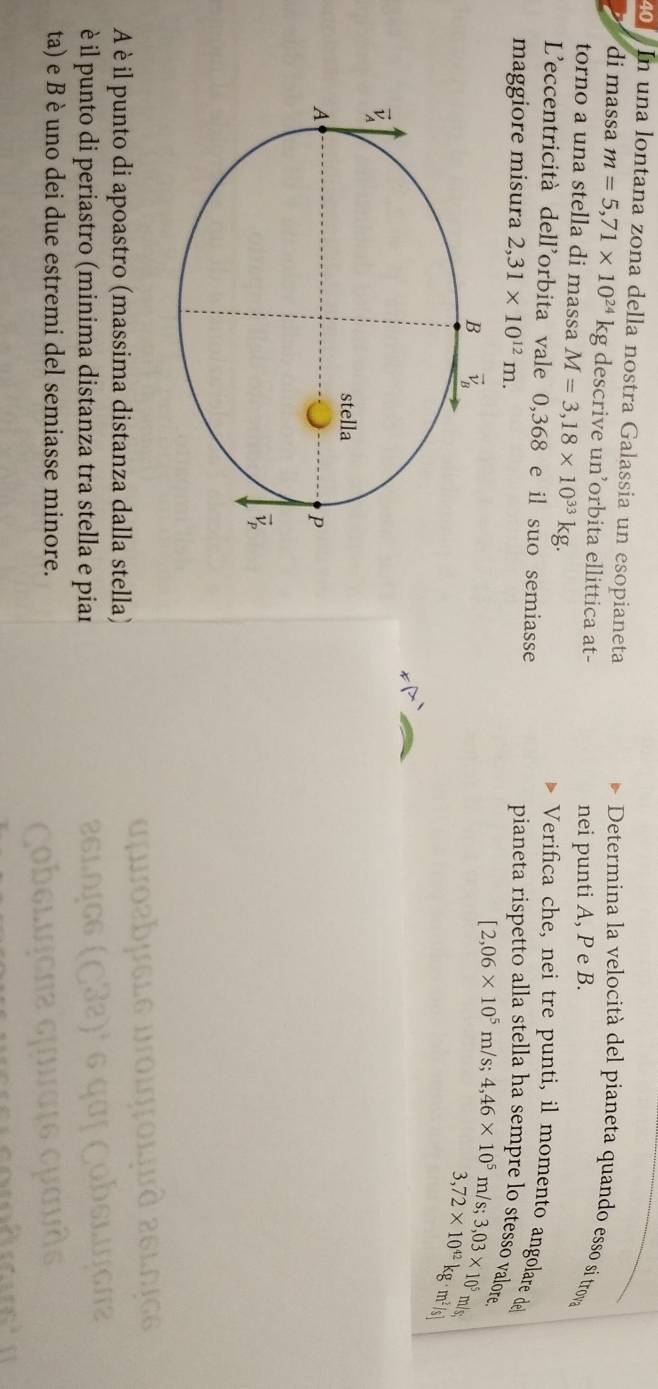 In una lontana zona della nostra Galassia un esopianeta
di massa m=5,71* 10^(24) kg descrive un’orbita ellittica at-
Determina la velocità del pianeta quando esso si trova
torno a una stella di massa M=3,18* 10^(33)kg. nei punti A, P e B.
L'eccentricità dell'orbita vale 0,368 e il suo semiasse
Verifica che, nei tre punti, il momento angolare de
maggiore misura 2,31* 10^(12)m. pianeta rispetto alla stella ha sempre lo stesso valore
[2,06* 10^5 m/s: 4,46* 10^5m/s;3,03* 10^5 m/s;
3,72* 10^(42) kgm²/s]
an
A è il punto di apoastro (massima distanza dalla stella)
è il punto di periastro (minima distanza tra stella e piar
20
ta) e B è uno dei due estremi del semiasse minore.