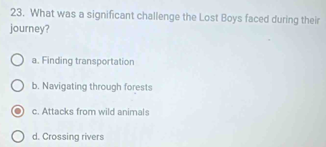 What was a significant challenge the Lost Boys faced during their
journey?
a. Finding transportation
b. Navigating through forests
c. Attacks from wild animals
d. Crossing rivers