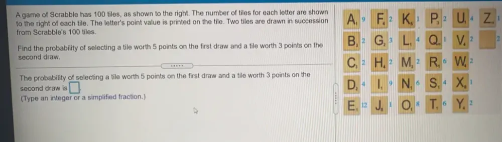 Solved: A game of Scrabble has 100 tiles, as shown to the right. The ...