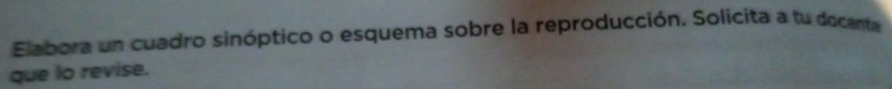 Elabora un cuadro sinóptico o esquema sobre la reproducción. Solicita a tu docanta 
que lo revise.