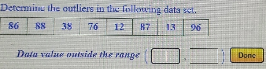 Determine the outliers in the following data set. 
Data value outside the range (□ ,□ ) Done