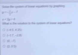 Save ther syestem of ineer equations by griphing
y=- 1/2 x-7
x+2y=4
Ohat s the solution is the system of inear equations?
(-45,425)
(-17,-28)
(0,-7)
(0,05)