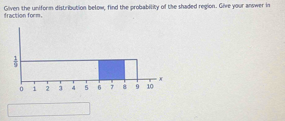 Given the uniform distribution below, find the probability of the shaded region. Give your answer in 
fraction form.
 1/9 
x
0 1 2 3 4 5 6 7 8 9 10