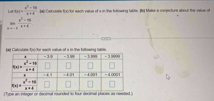 Let f(x)= (x^2-16)/x+4 . (a) Calculate f(x) for each value of x in the following table. (b) Make a conjecture about the value of
limlimits _xto -4 (x^2-16)/x+4 .
(a) Calculate f(x) for each value of x in the following table.