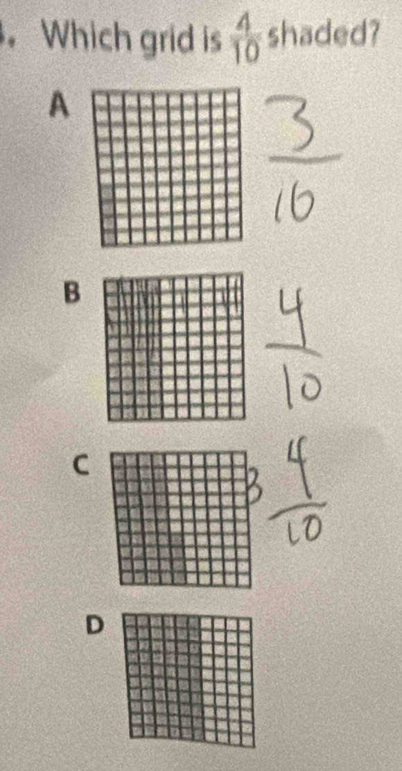 Which grid is  4/10  shaded?
A
B
C
D