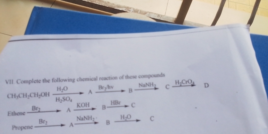 Complete the following chemical reaction of these compounds
CH_3CH_2CH_2 O H frac H_2OH_2SO_4to Axrightarrow Br_2hnu Bxrightarrow NaNH_3 C H_2CrO_4 D 
Ethene xrightarrow Br_2Axrightarrow KOHBxrightarrow HBrC° Br_2 □  _4xrightarrow NaNH_2 Bxrightarrow H_2O C 
Propene