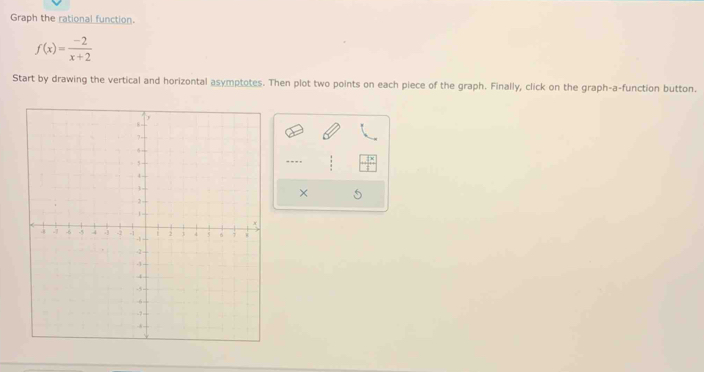 Graph the rational function.
f(x)= (-2)/x+2 
Start by drawing the vertical and horizontal asymptotes. Then plot two points on each piece of the graph. Finally, click on the graph-a-function button. 
× 5