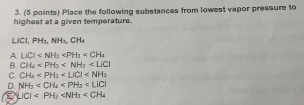 Place the following substances from lowest vapor pressure to
highest at a given temperature.
Li( CI,PH_3, NH_3, CH_4
A. LiCl
B. CH_4
C. CH_4
D. NH_3
LiCl