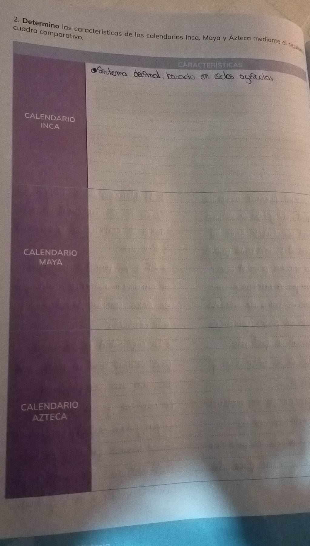 cuadro comparativo.
2. Determino las características de los calendarios Inca, Maya y Azteca mediante el sigulen
CARACTERÍSTICa
CALENDARIO
INCA
CALENDARIO
MAYA
CALENDARIO
AZTECA