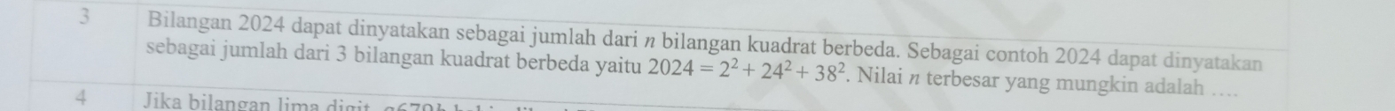 Bilangan 2024 dapat dinyatakan sebagai jumlah dari n bilangan kuadrat berbeda. Sebagai contoh 2024 dapat dinyatakan 
sebagai jumlah dari 3 bilangan kuadrat berbeda yaitu 2024=2^2+24^2+38^2. Nilai n terbesar yang mungkin adalah …. 
4 Jika bilangan lima di g it o