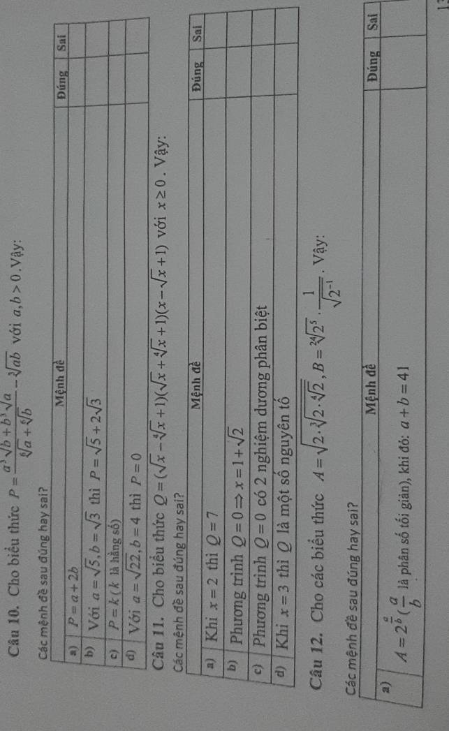 Cho biểu thức P= (a^3sqrt(b)+b^3sqrt(a))/sqrt[6](a)+sqrt[6](b) -sqrt[3](ab) với a,b>0. Vậy:
Câu 11. Cho biểu thức Q=(sqrt(x)-sqrt[4](x)+1)(sqrt(x)+sqrt[4](x)+1)(x-sqrt(x)+1) với x≥ 0. Vậy:
Câu 12. Cho các biểu thức A=sqrt(2· sqrt [3]2· sqrt [4]2),B=sqrt[24](2^5)·  1/sqrt(2^(-1)) . Vậy:
Cá