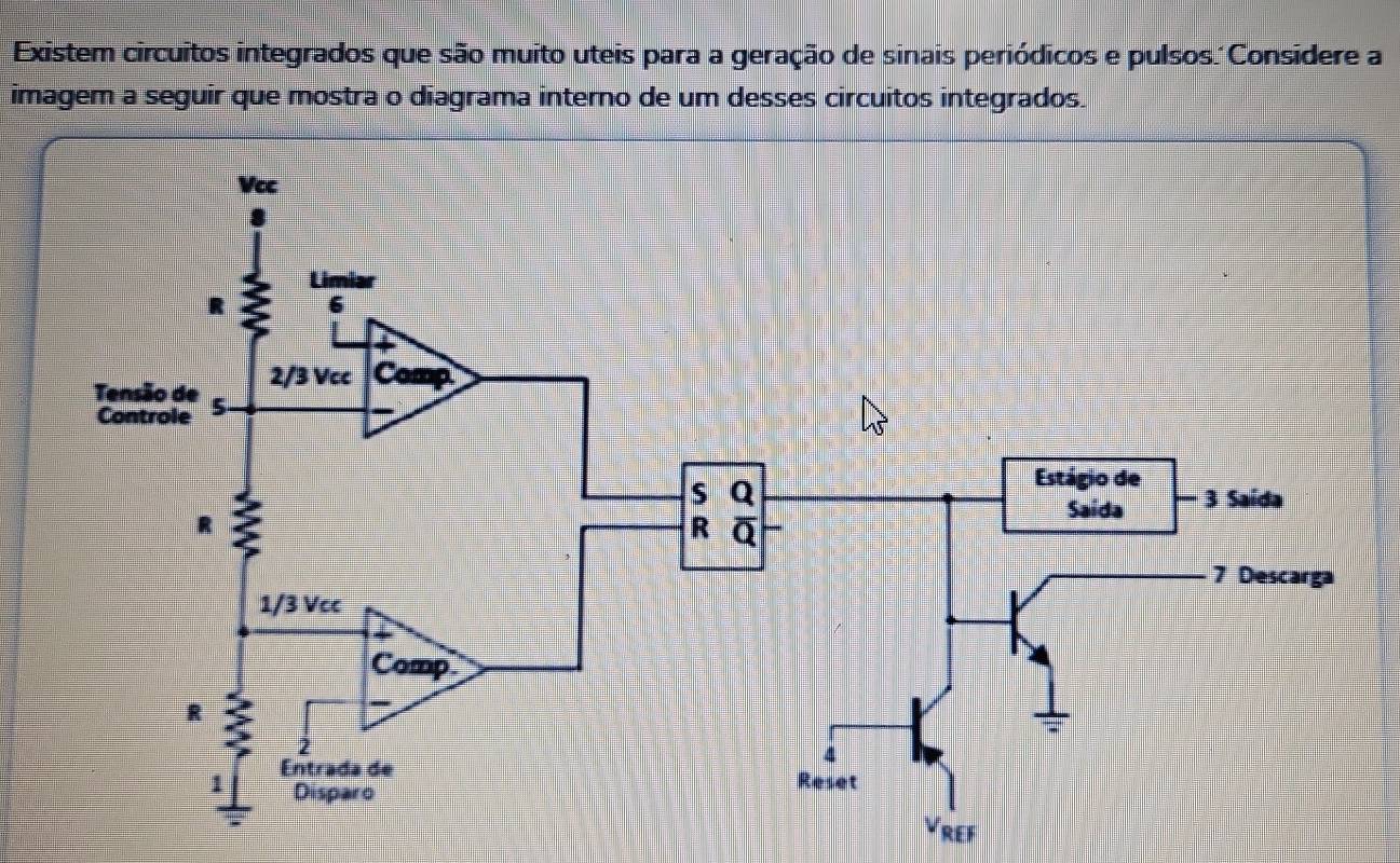 Existem circuitos integrados que são muito uteis para a geração de sinais periódicos e pulsos. Considere a 
imagem a seguir que mostra o diagrama interno de um desses circuitos integrados. 
Vref