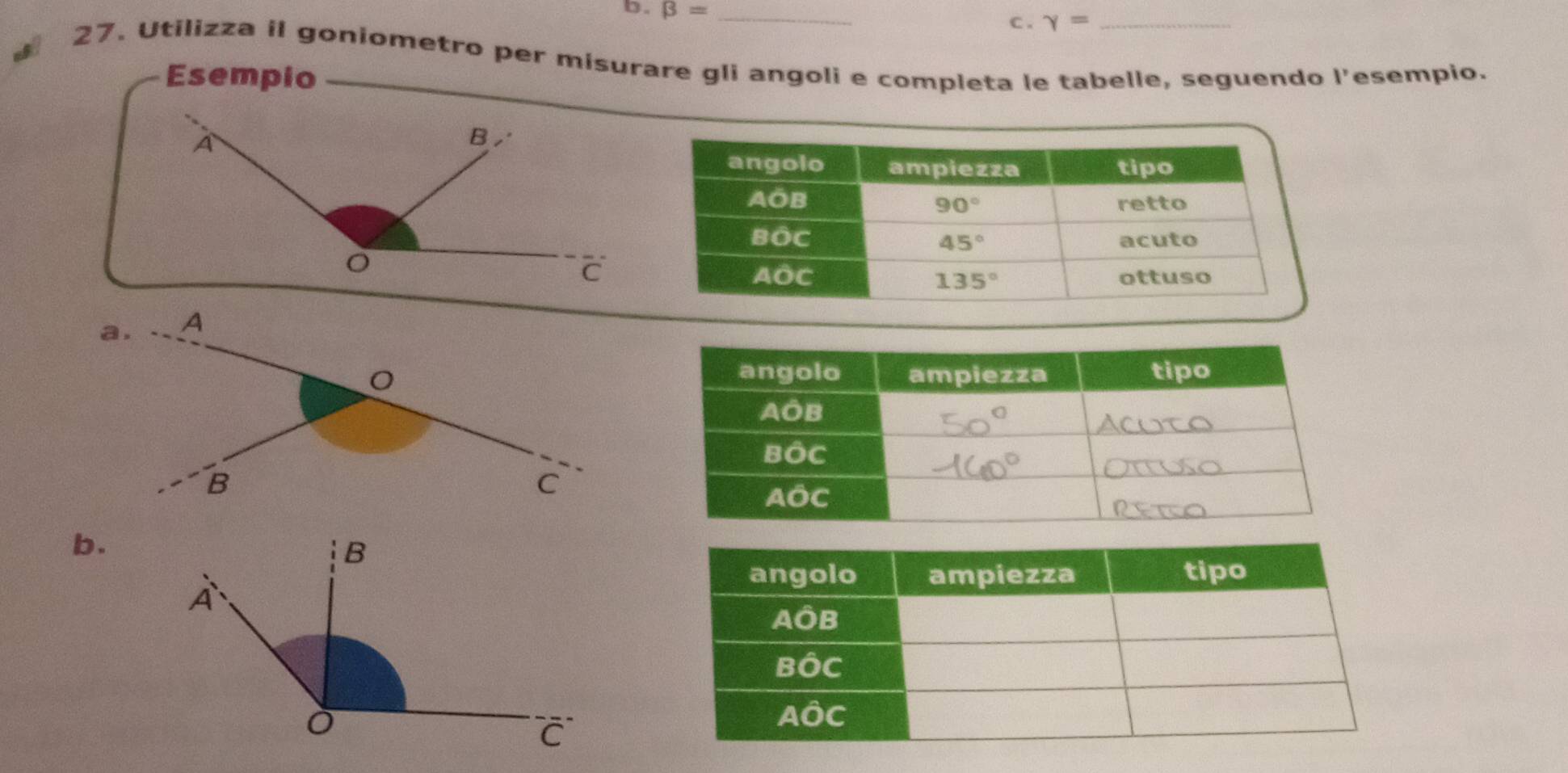 beta = _
c . gamma =
27. Utilizza il goniometro per misurare gli angoli e completa le tabelle, seguendo l’esempio.
Esempio
b.