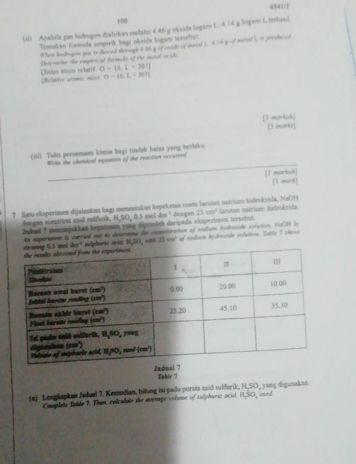 4541/2
100
(ii) Apsbila gas hidrogen dialirkan nelahti 4.46 g oksida logam I., 4.14 g logam L terhasd.
Tentukan formula empirik bagi oksida logam tersehut.
When lodrogen par is flowed theough & 46 y of ocide of meral 1. 4.14 g of metal 1. is produced
Determine the empleical formula of the meral oxide
[Jisim atom relatif O=16,L=207]
[Relative stomic max O=16,L=207]
[3 markuh]
[3 marks]
(iii) Tulis persamaan kimia bagi tindak baias yang berlaku.
Write the chemical equation of the reaction accurred
[1 markah]
[1 mark]
7 Satu eksperimen dijalankan bagi menentukan kspakatan suatu larutan natrium hidroksida, NaOH
dengan mentitrat said sulfurik, H H_2SO_40.5moldm^(-1) dungan 25cm^3 larutan natrium hidroksida.
Jadual ? menanjukkan kepatusan yang diperolch daripada eksperimen tersebut.
An experieeent is carried out to desermine the concuntration of sodium hydrucide solusion, NaOH by
* sulpheric aciol, H_2SO ,with 25cm^3 of sodium hydroxide solution. Table 7 shows
Tabie 7
(a) Leagkspken Jadual 7. Kemudian, hitung isi padu purata asid sulfurik, H_SO, yang digunakan.
Complete Table 7. Then, colculate the average volume of sulphuric acid. HSO used