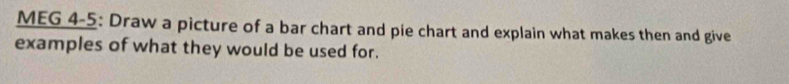 MEG 4-5: Draw a picture of a bar chart and pie chart and explain what makes then and give 
examples of what they would be used for.