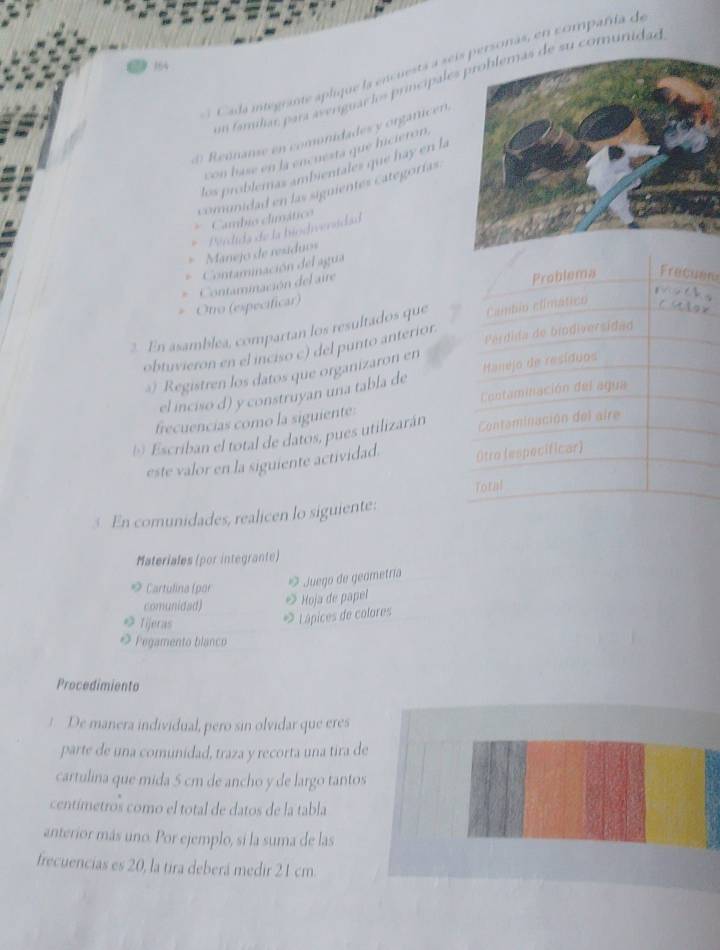 integrante aplique la encuesta a sesonas, en compañía de 
164 
un famlíar, para averiguar los principale su comunidae 
d Reónanse en comunidades y orgánicen, 
los problemas ambientales que hay en la 
a 
con hase en la encuesta que hicierón, 
comunidad en las siguientes categorías 
Cambio climático 
Manejo de residuos Perdida de la biodrenidad 
Contamnación del agua 
Otro (especificar) Contaminación del aire 
Problema Frecuer 

2. En asamblea, compartan los resultados que límtio elimático 
obtuvieron en el inciso c) del punto anterior Perdida de bidiversidad 
a) Registren los datos que organizaron en 
el inciso d) y construyan una tabla de Hanéjo de resíduos 
frecuencias como la siguiente: Contaminación del agua 
( Escriban el total de datos, pues utilizarán Contaminación del aire 
este valor en la siguiente actividad. Otro (especificar) 
Total 
3. En comunidades, realicen lo siguiente: 
Materiales (por integrante) 
* Cartulina (por 
' Juego de geometría 
comunidad) 
« Hoja de papel 
◎ Tijeras 
* Lápices de colores 
* Pegamento blanco 
Procedimiento 
1 De manera individual, pero sin olvidar que eres 
parte de una comunidad, traza y recorta una tira de 
cartulina que mida 5 cm de ancho y de largo tantos 
centímetros como el total de datos de la tabla 
anterior más uno. Por ejemplo, si la suma de las 
frecuencias es 20, la tira deberá medir 21 cm
