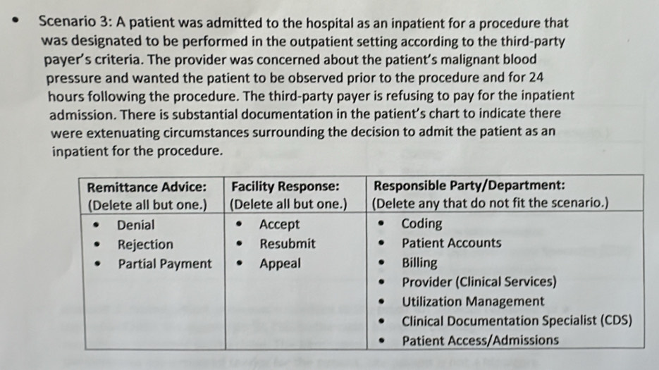 Scenario 3: A patient was admitted to the hospital as an inpatient for a procedure that 
was designated to be performed in the outpatient setting according to the third-party 
payer’s criteria. The provider was concerned about the patient’s malignant blood 
pressure and wanted the patient to be observed prior to the procedure and for 24
hours following the procedure. The third-party payer is refusing to pay for the inpatient 
admission. There is substantial documentation in the patient’s chart to indicate there 
were extenuating circumstances surrounding the decision to admit the patient as an 
inpatient for the procedure.