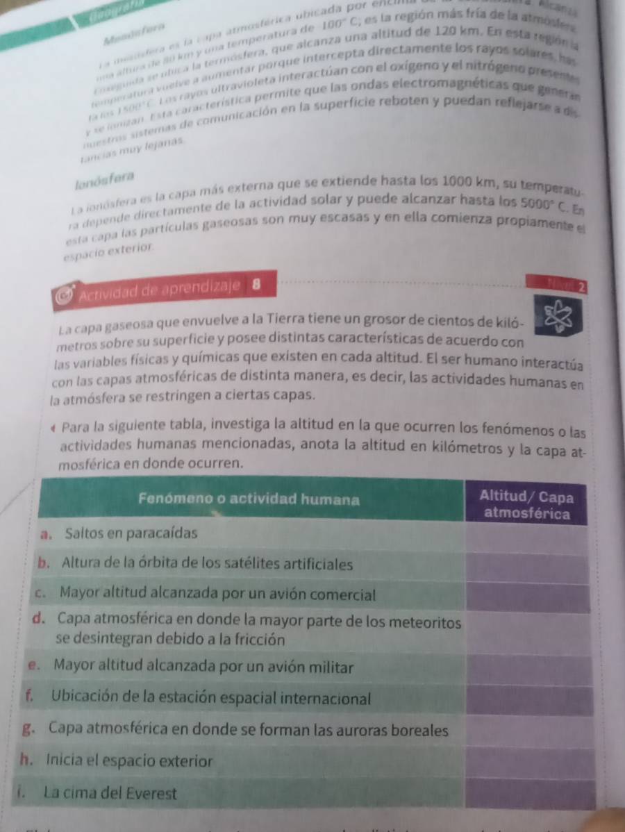( 
Meadafora 
La mestsfera es la capa atmosférica ubicada por encin 
ma áltura de ll0 km y una temperatura de 100°C; es la región más fría de la atmostera 
Ensegnda se ntica la termósfera, que alcanza una altitud de 120 km. En esta región ía 
temperatura vueive a aumentar porque intercepta directamente los rayos solares, has 
far fos . 1500° e L os rayes ultravioleta interactúan con el oxígeno y el nitrógeno presete 
yse lonigan. Esta característica permite que las ondas electromagnéticas que genera 
nuestros sistemas de comunicación en la superficie reboten y puedan reflejarse a d 
tancias muy lejanas 
lanósfera 
La ionósfera es la capa más externa que se extiende hasta los 1000 km, su temperau- 
ra depende directamente de la actividad solar y puede alcanzar hasta los 5000°C. En 
esta capa las partículas gaseosas son muy escasas y en ella comienza propiamente el 
espacio exterior 
Actividad de aprendizaje 8 
H Am 2 
La capa gaseosa que envuelve a la Tierra tiene un grosor de cientos de kiló- 
metros sobre su superficie y posee distintas características de acuerdo con 
las variables físicas y químicas que existen en cada altitud. El ser humano interactúa 
con las capas atmosféricas de distinta manera, es decir, las actividades humanas en 
la atmósfera se restringen a ciertas capas. 
« Para la siguiente tabla, investiga la altitud en la que ocurren los fenómenos o las 
actividades humanas mencionadas, anota la altitud en kilómetros y la capa at-