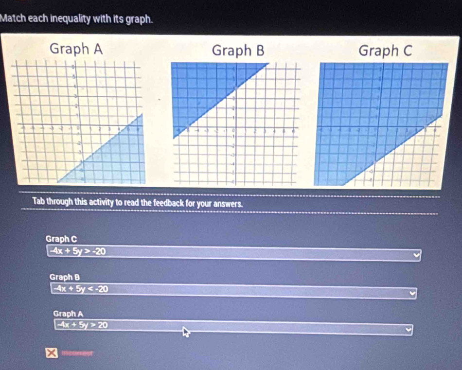 Match each inequality with its graph.
Graph A Graph B Graph C

Tab through this activity to read the feedback for your answers.
Graph C
-4x+5y>-20
Graph B
-4x+5y
Graph A
-4x+5y>20
Ipeest