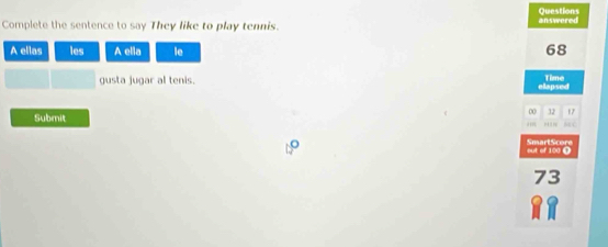 Questions 
Complete the sentence to say They like to play tennis. answered 
A ellas les A ella le 
68 
gusta jugar al tenis. Time 
elapsed 
Submit
00 32 17

out of 100 O SmartScore
2