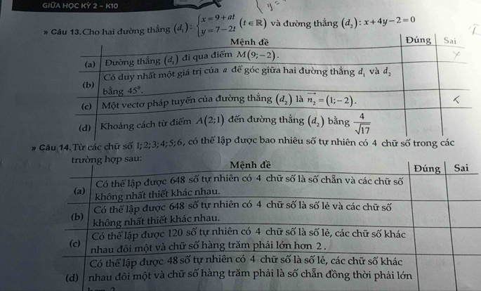 GIỮA HỌC KỲ 2 - K10
đường thẳng (d_1):beginarrayl x=9+at y=7-2tendarray. (t∈ R) và đường thẳng (d_2):x+4y-2=0
# Gâu 14.Từ các chữ số l;2;3;4