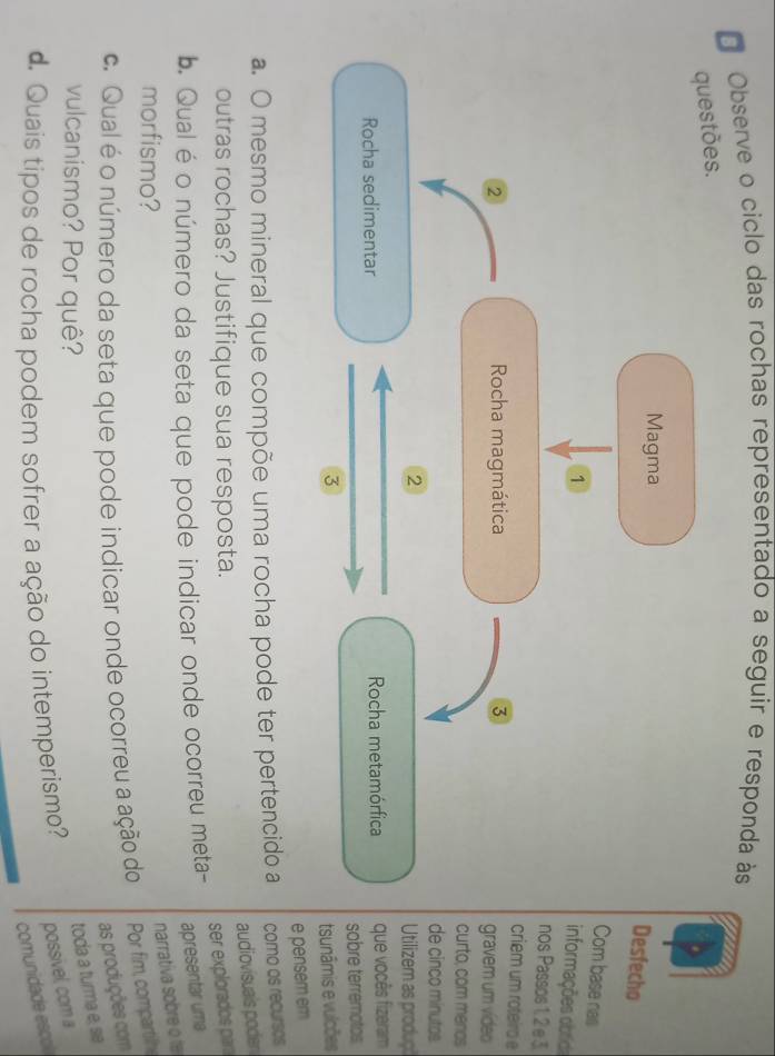 Observe o ciclo das rochas representado a seguir e responda às 
es. 
fecho 
base nas 
mações obrida 
Passos 1. 2 e 3. 
m um roteiro e 
em um video 
o, com merios 
inco minutos. 
zem as produçã 
vocês fizeram 
e terremotos 
âmis e vulcões 
e pensem em 
a. O mesmo mineral que compõe uma rocha pode ter pertencido a como os recursos 
audiovisuais poder 
outras rochas? Justifique sua resposta. 
ser explorados para 
b. Qualéo número da seta que pode indicar onde ocorreu meta- 
apresentar uma 
narrativa sobre o fe 
morfismo? 
c. Qual é o número da seta que pode indicar onde ocorreu a ação do Por fim, compartilhe 
as produções com 
vulcanismo? Por quê? 
toda a turma e, se 
d. Quais típos de rocha podem sofrer a ação do intemperismo? possivel, com a 
comunidade esco
