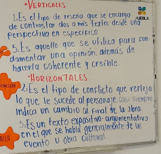 VERTICALES. 
1. Es el tipo de resena gue se encarga 
de contrastar dlos o mas fextos desde una 
perspectivaen especiFico. 
5: ts aquello que se oliliza para ron 
damentar una opinion, ademas de 
haceria coherente y creible. 
HORI2ONTALES. 
2:Es el tipo de conflicto que verleya 
1o gue le sucede alpersonaje, casi siempre 
indica un cambio al final de la abra. 
3. Esun texto expositivo-argumentativo 
enelque se habla generalmentede on 
evento U obra cultural.